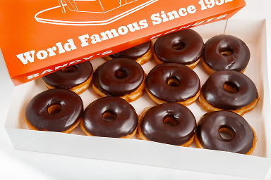 Box of Randy&rsquo;s chocolate raised donuts